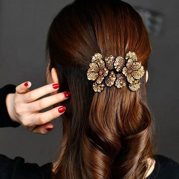 Fashion Rhinestone Flower Hair Clip for Women Korean Style New Headwear Female Top Hair Accessories Mother's Curly Hairpins