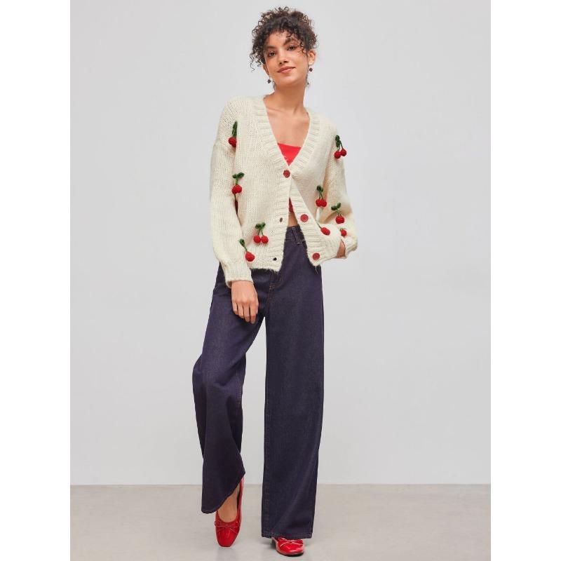 Women's Autumn and Winter New Sweet and Spicy Style V-neck Woolen Knitted Cardigan Loose Trend Cherry Decoration Single-breasted Woolen Knitted Tops