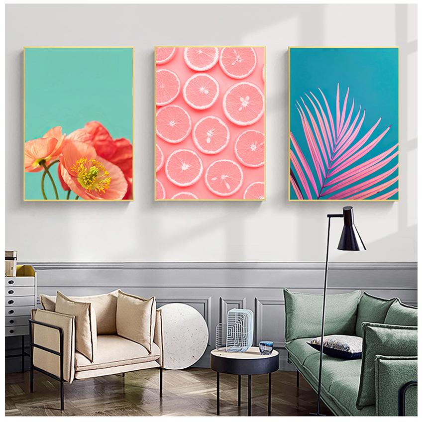 Colorful Pictures For Living Room Home Decor Tropical Plants Nordic S Palm Leaf Flower Orange Cat Wall Art Canvas Painting