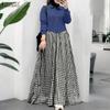 Women Casual Turn Down Collar Long Sleeve Patchwork Plaid Long Dress
