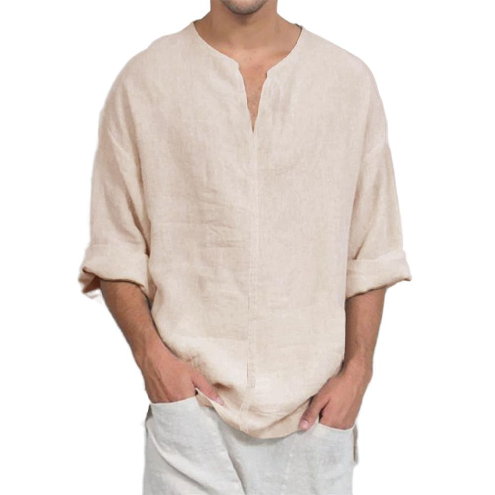 Cotton Linen V-neck Long Sleeve T-shirt for Men Casual Solid Color Lightweight Breathable Cozy Tops Male Fashion Tees
