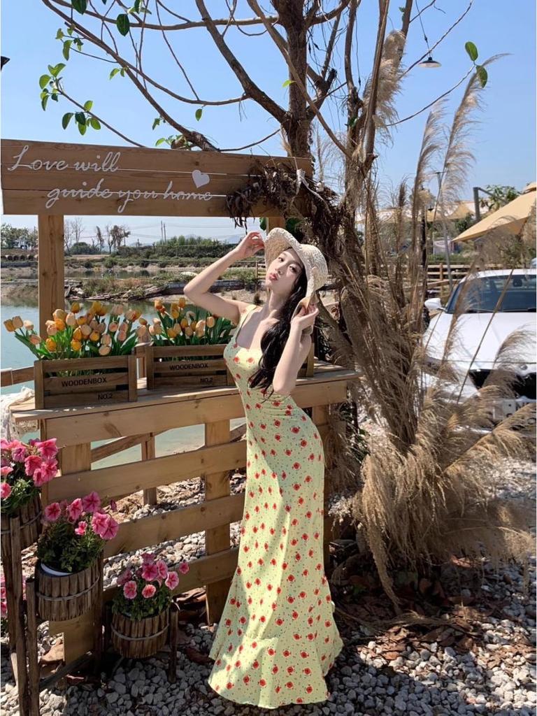 2025 Sommer Retro Französisch Gelb Floral Meerjungfrau Maxikleid