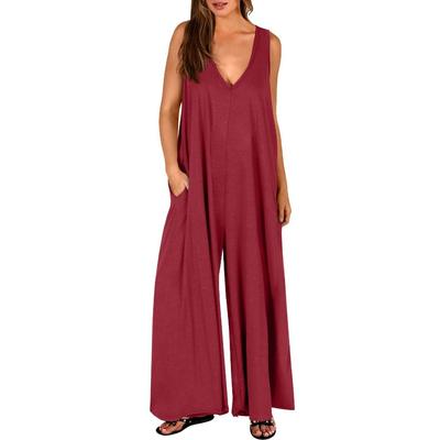 Summer Casual Oversized Jumpsuit Women Pocket Solid Loose Thin Rompers V Neck Sleeveless Jumpsuits