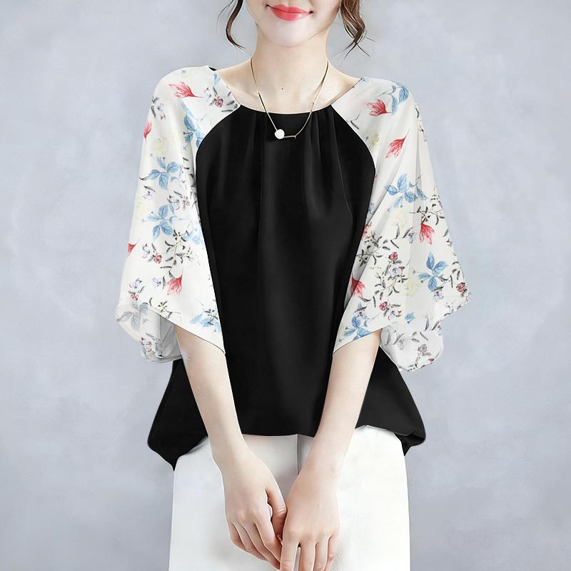 

ZANZEA Женская свободная летняя блузка с цветочным принтом и рукавами 3/4 S чёрный
