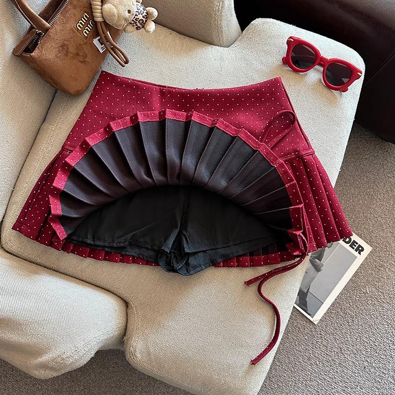 Women's Polka Dot A-Line Pleated Skirt with Bow Tie - Petite Christmas Red