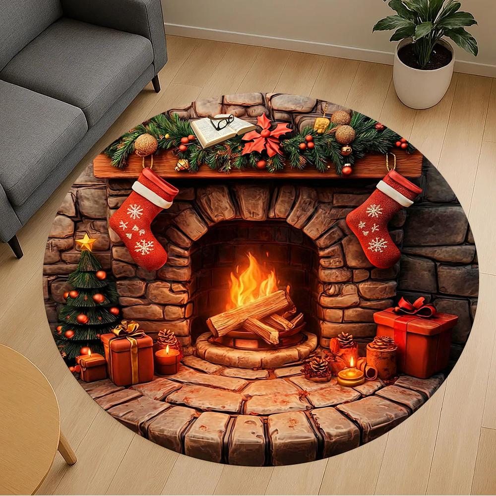 1 Stück Weihnachten Kamin Büro Runder Teppich, Unter Bürostühlen Schlafzimmer Wohnzimmer Heimdekoration, Teppich für Büro, -1110188