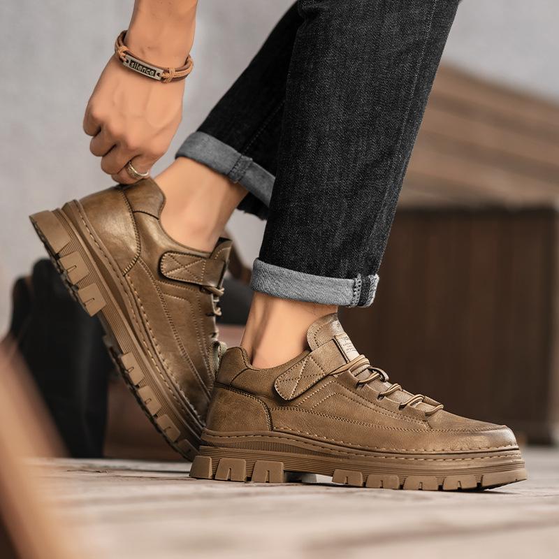 Zhongbang retro fashion trend Martin boots autumn and winter solid color small black shoes leather surface men's outdoor casual platform shoes