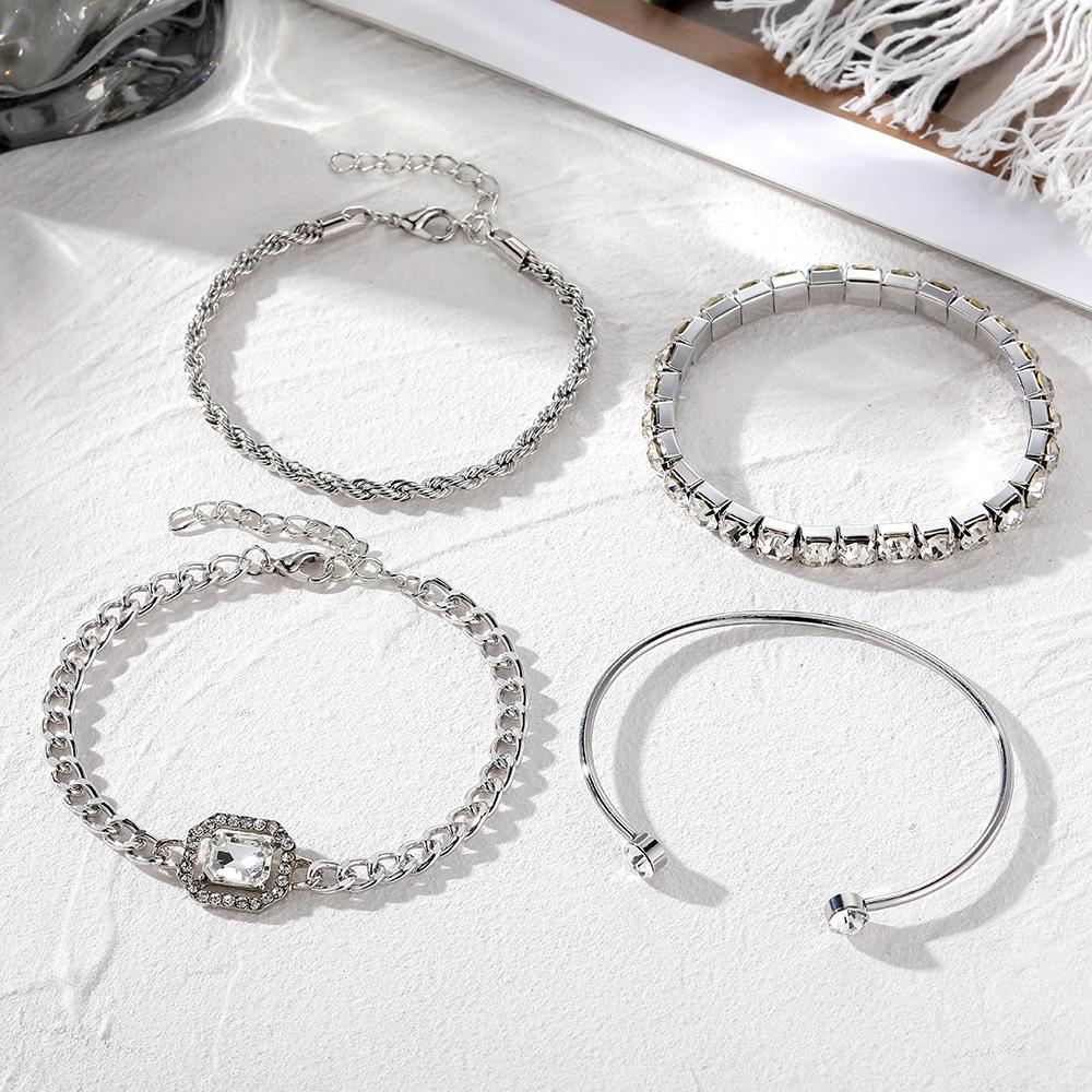 IPARAM 4 Piece Set Luxurious Bracelets for Women Crystal Shiny Adjustable Opening Chain Bracelets Punk Bangle Fashion Zircon