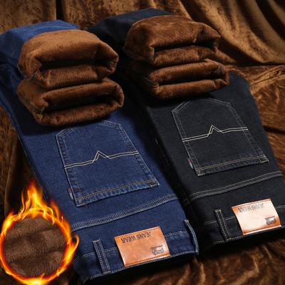 2024 Winter Plush Thick Anti Cold Jeans Men's Straight Leg Korean Edition Elastic Warm Cotton Casual Cowboy Pants