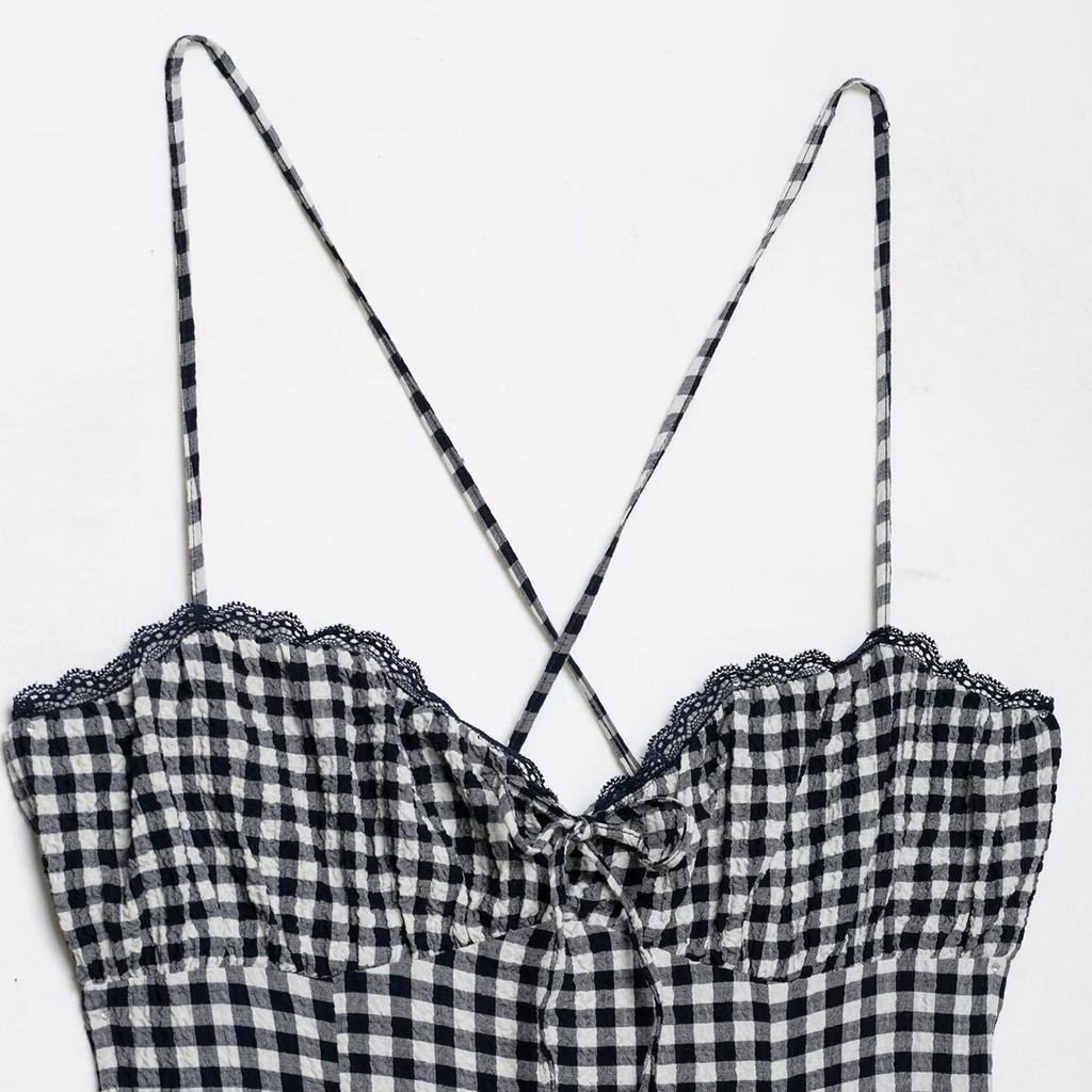 European and American style, new women's clothing, foreign style, classic slim-fitting V-neck small plaid Midi dress
