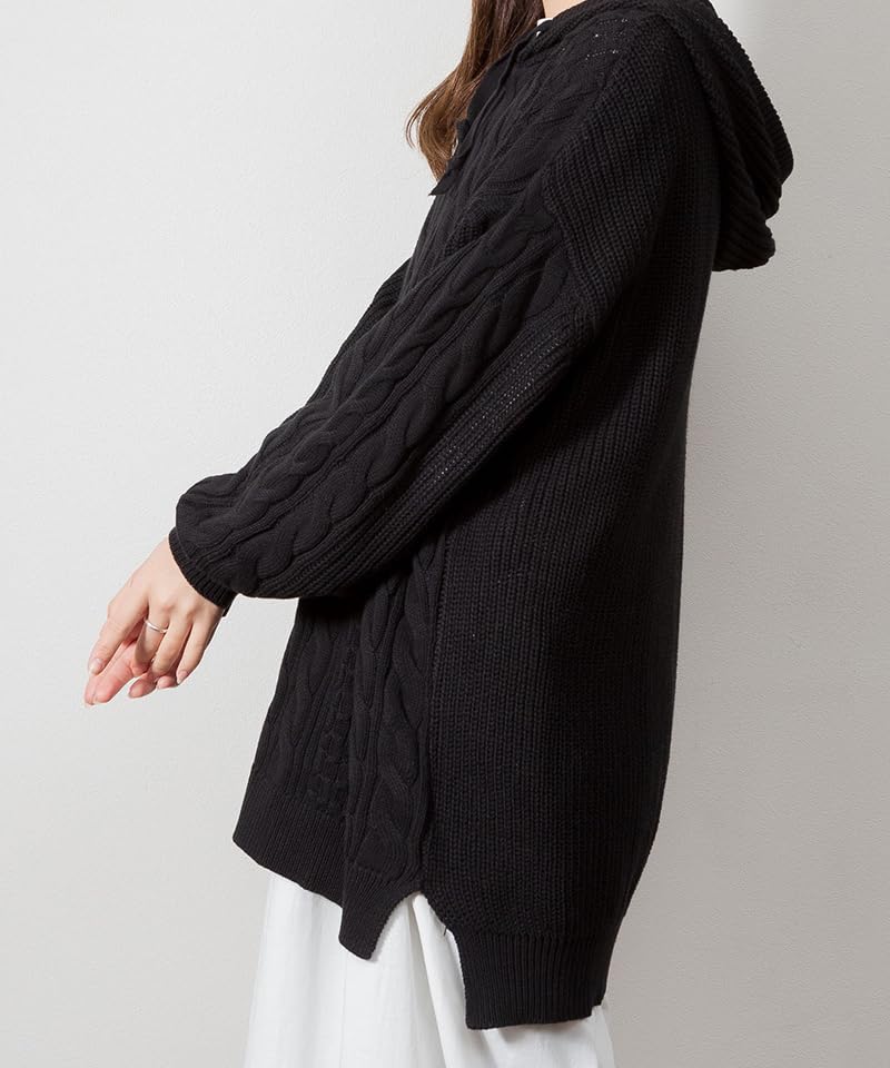 Cable Knit Black ATN-0024 [At One] Hoodie, Women's, M-L,