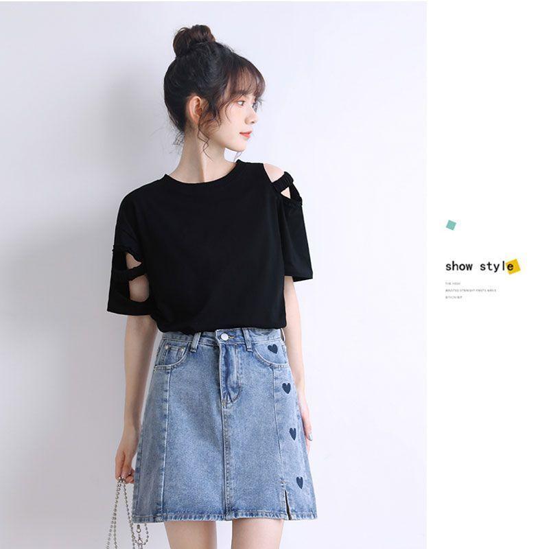 Black Hollow Off-shoulder Short-sleeved T-shirt Summer Korean New Loose Design Fashionable Top