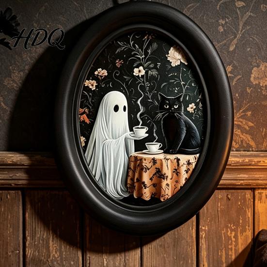 Soft Dark Tone Art Halloween Ghost Wall Art Cute Table Sign Vintage Oval Framed Academia Decor Picture Decorative for Mantel Living Room