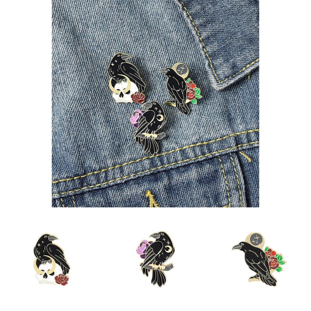 Geometric Black Bird Brooch Elegant Rose Flower Crow Enamel Pin For Fashion Lovers