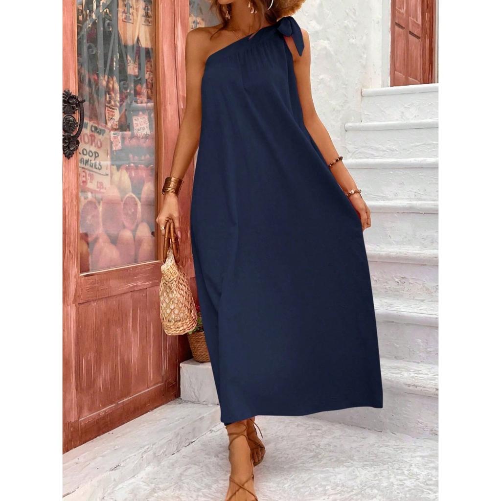 2026 Summer New Fashion Women Solid Color One-Shoulder Long Dress Casual Elegant Diagonal Collar Sleeveless Straight Dresses