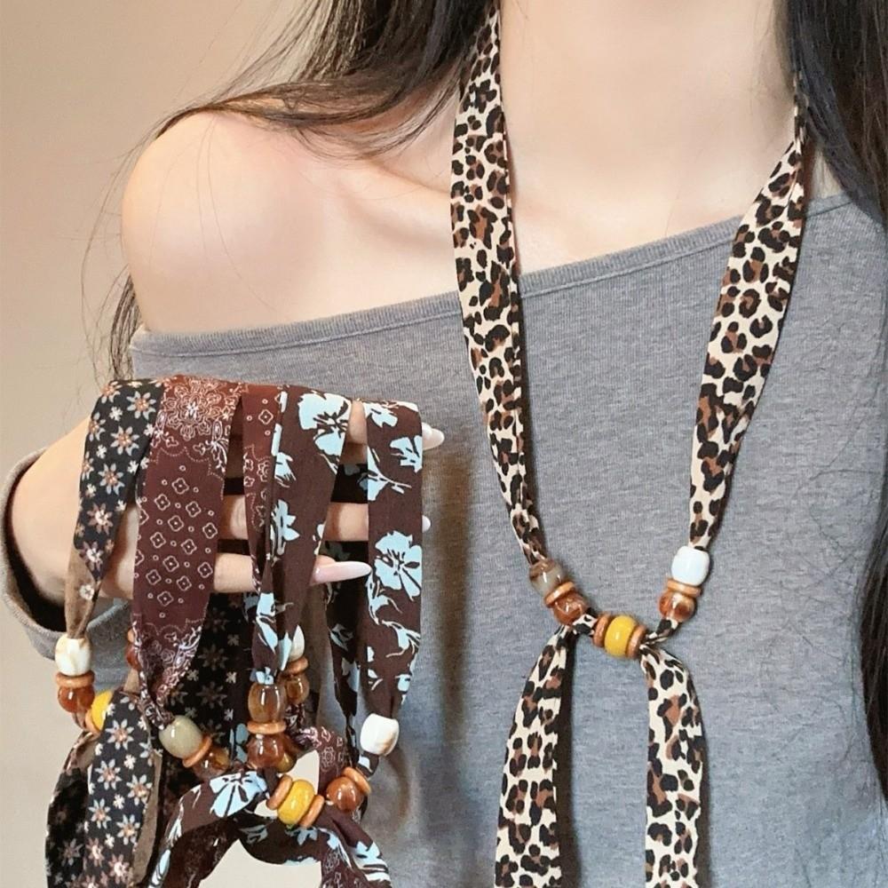 Print Pattern Beaded Scarf Leopard Print Sweater Chain Elegant Scarf Necklace  Women