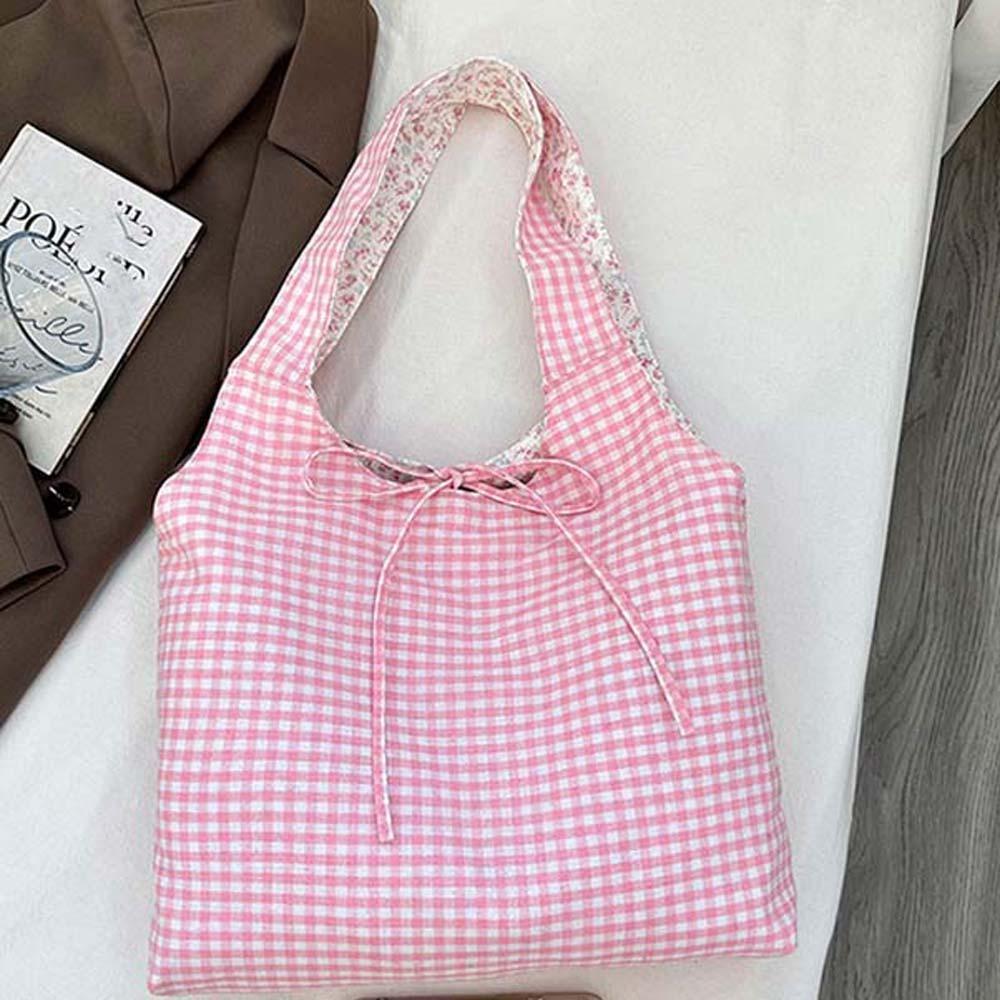 Contrast Color Double-sided Shoulder Pouch Lattice Tote Bag Casual Plaid Cloth Vest Pouch  Storage