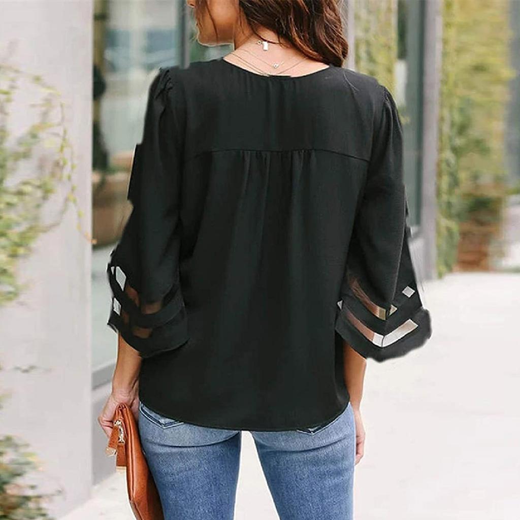 Fashion Women's V-Neck Lace Half Sleeve Casual Solid Hollow Out Tops Blouse