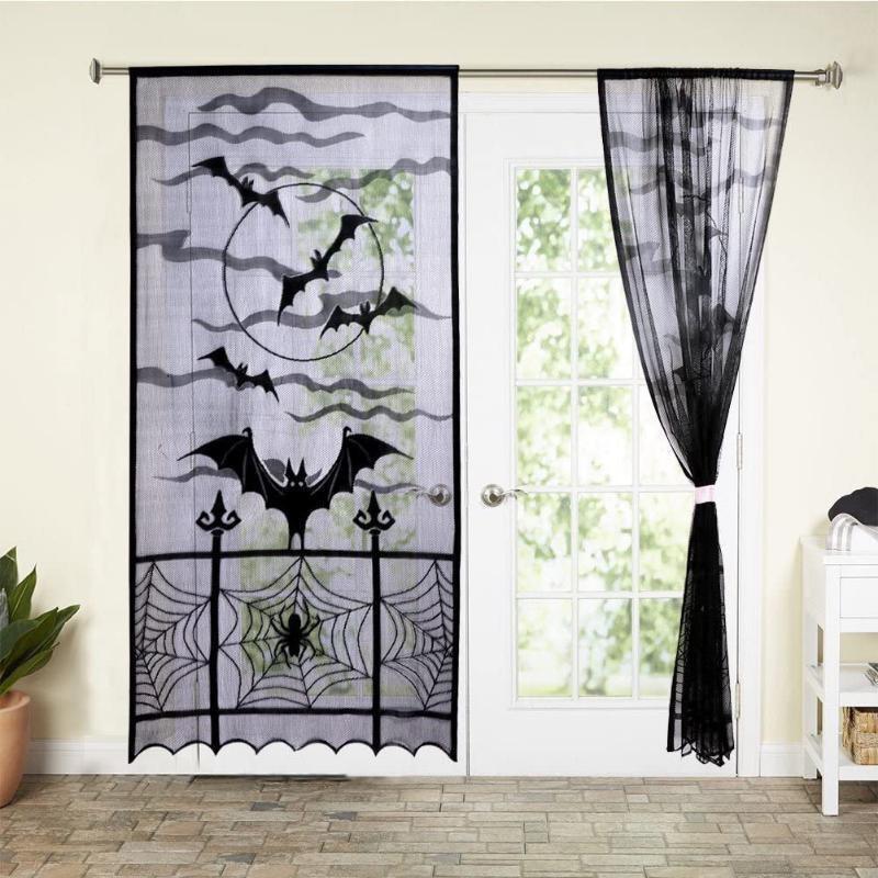 Window Spider Witch Bat Skull Door Curtain Halloween Ghost Festival Black Lace Curtain Halloween Atmosphere Decoration Family Gathering Decoration