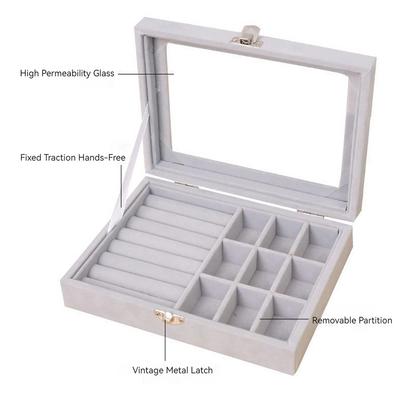 Velvet Jewelry Organizer Box with Clear Lid Dust-Proof Ring and Earring Storage Case for Multiple Pieces