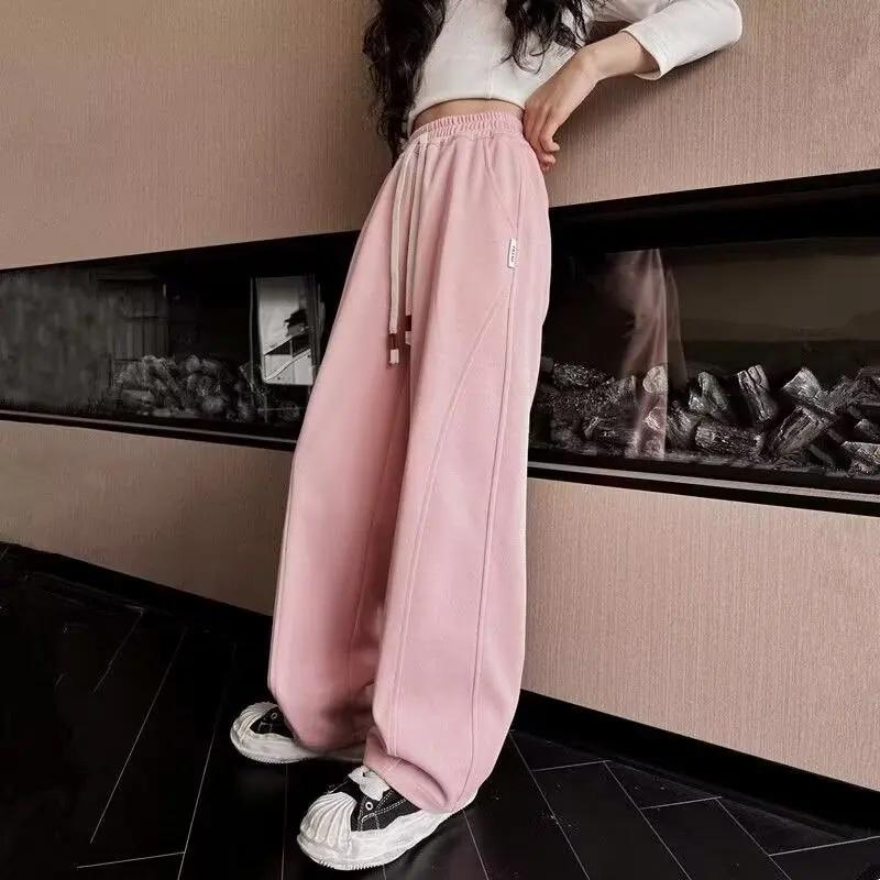 2024 Pink Girls' Wide-Leg Sweatpants: Autumn/Winter Casual Sport Style for Medium to Large Children