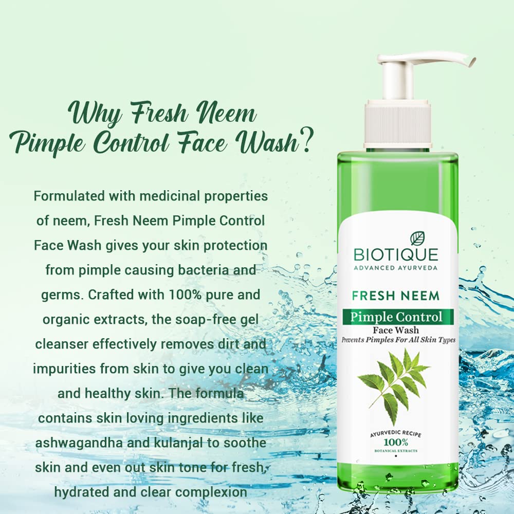 Biotique Gel Nettoyant Visage Contrôle Boutons Neem Frais 200ml | Nettoyant Ayurvédique Anti-Acné | Extraits 100% Botaniques | Pour Tous les Types de Peau
