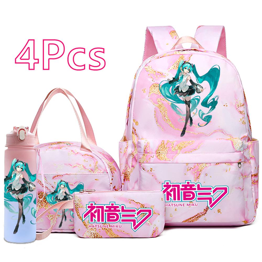 4 ks/sada Anime Hatsune Miku Potisk Batoh Kabelka Pouzdro na tužky 750ml Láhev na vodu pro Dospívajícího Chlapce Dívku Velkokapacitní Voděodolný Školní batoh Dárek