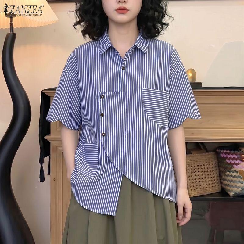 ZANZEA Women Casual Turn Down Collar Loose Short Sleeve Stripe Blouse