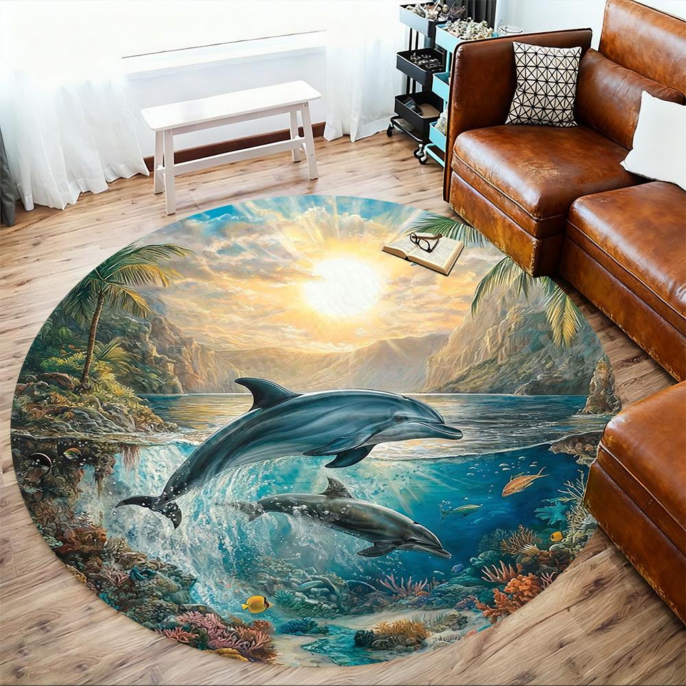 1PC dolphins ocean Office Round Area Rug, Under Office Chairs Bedroom Living Room Home Decor,Carpet for Office, -1110229