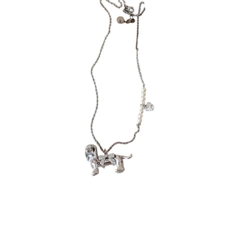 Elegant Dachshund Inspired Pearls Jewelry Slim Collarbone Necklace Unique Handmade Style Accessory серебряный