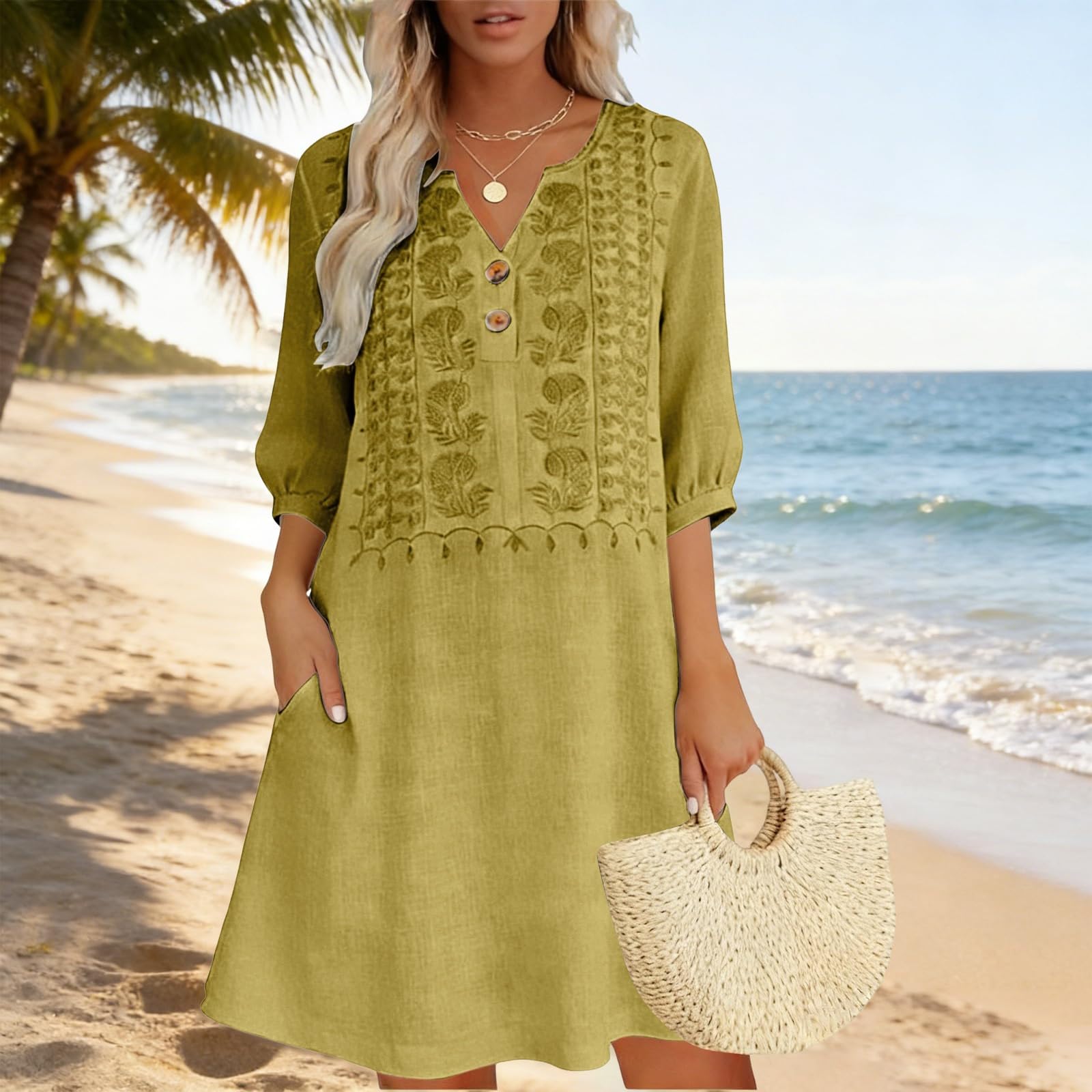 

Linen Dress For Women Short Sleeve V Neck Button Down Loose Fit Vacation Cotton Tunic XL жовтий