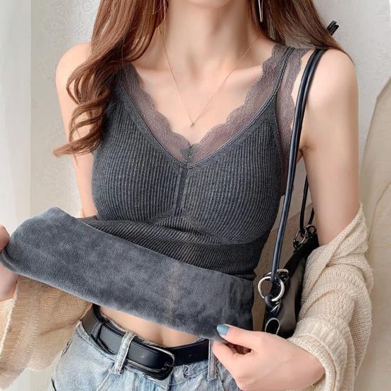 Women's Thermal Tank Top Lace Fleece Lined Warm Base Layer Vest Sleeveless Padded Camisole Undershirts