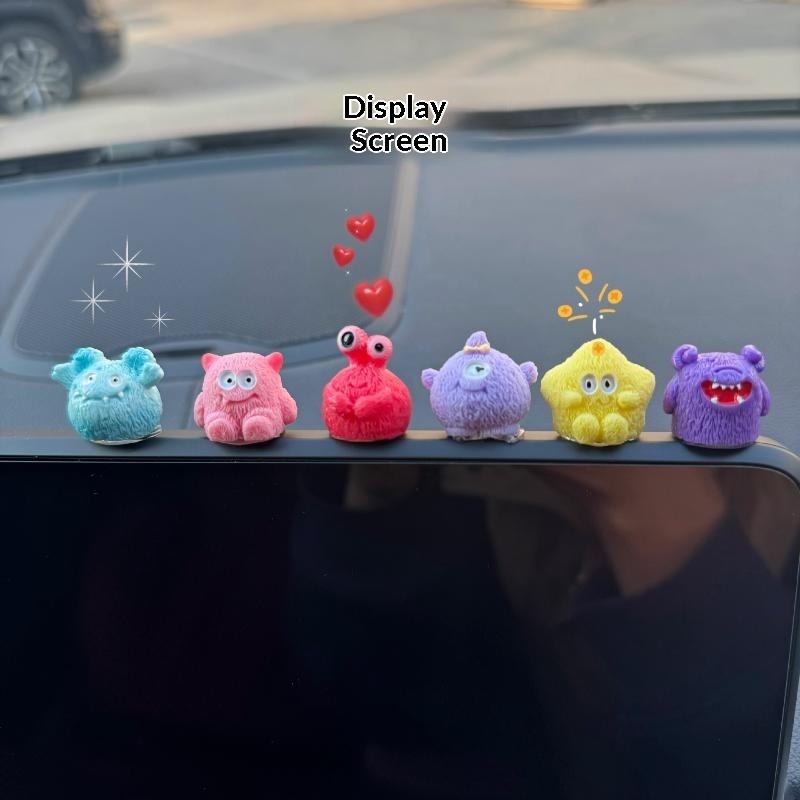 6Pcs Cute Fuzzy Monster Colorful Mini Cartoon Figurines Car Dashboard Ornaments for Child Small Gifts