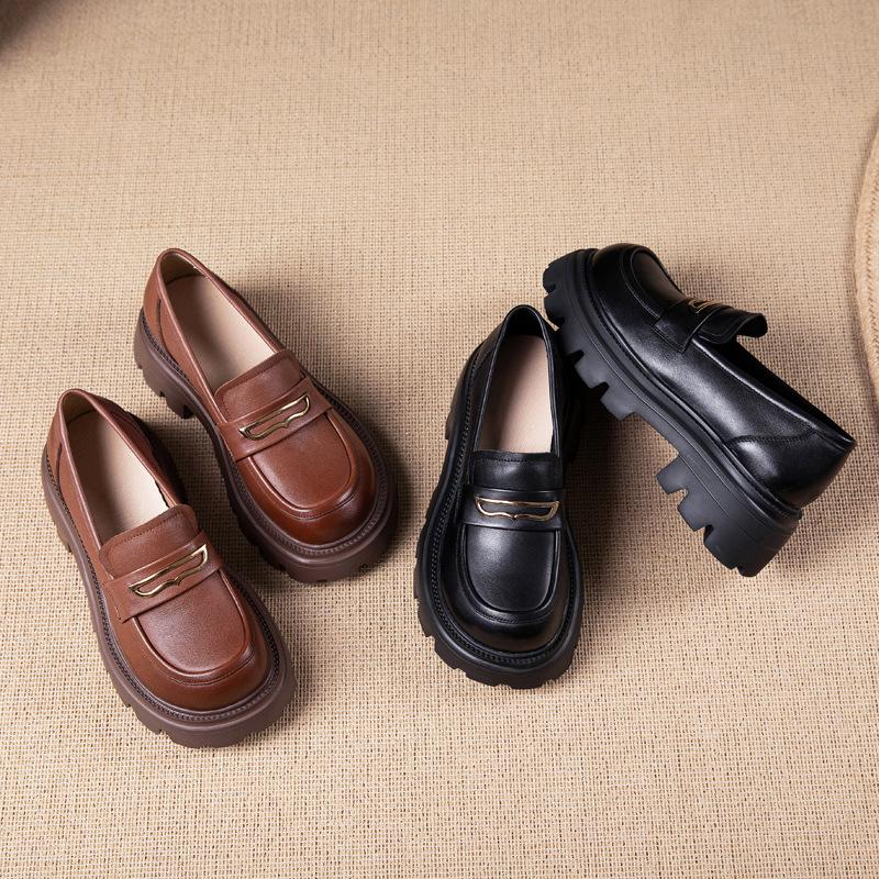 First Layer Cowhide Loafers Women's Spring and Autumn New Soft Leather British Style Foam Platform Single Shoes Women's Muffin Shoes
