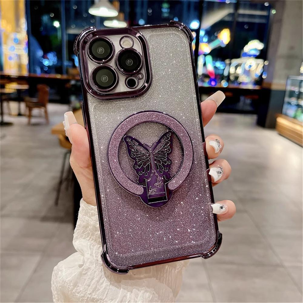 Shockproof Glitter Plating Butterfly Stand Case For OPPO A16 A16S A17 A15 A53 A5 A9 2020 A54S A53S 4G Soft Silicon Bracket Cover