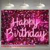 2D Pink Sequin Neon Happy Birthday Backdrop Banner Photography Background for Party Decor