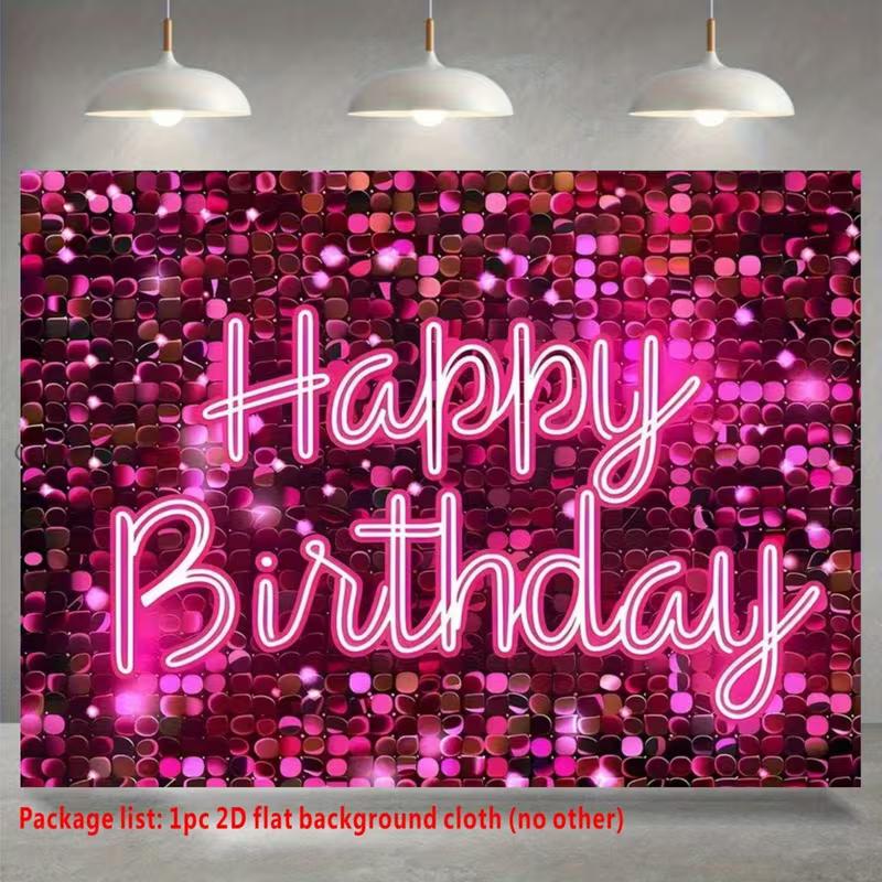 2D Pink Sequin Neon Happy Birthday Backdrop Banner Photography Background for Party Decor