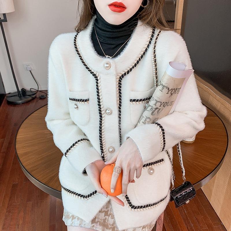 Autumn and Winter Sweater Imitation Mink Fleece  Jacket Women's Blouse French Small Fragrance Knitted Jacket Coat
