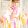 Dita Women's Yukata Set (5 pieces) with Pre-tied Obi, Pink & Yellow, Retro, Large Pattern, Pop, Bold, Easy to Wear by One Person (1: Mermaid Yellow,
