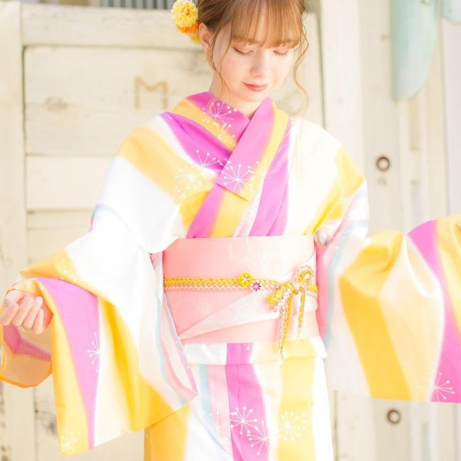 Dita Women's Yukata Set (5 pieces) with Pre-tied Obi, Pink & Yellow, Retro, Large Pattern, Pop, Bold, Easy to Wear by One Person (1: Mermaid Yellow,