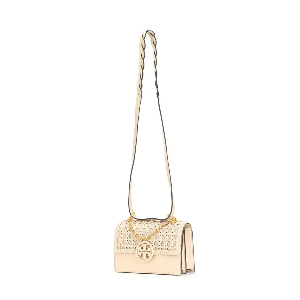Tory Burch Miller Adjustable Shoulder Strap Woven Canvas Leather Tote Bag Crossbody Small Women Bags Cheese-White 88221-724
