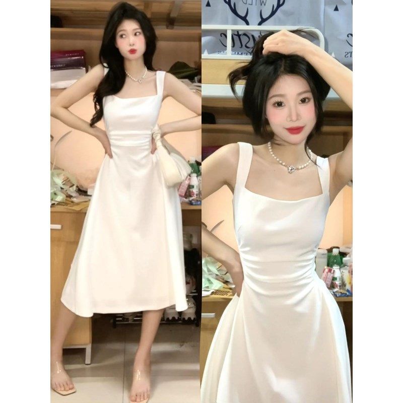 Coffee Break French White Suspender Dress Women's Summer New Small First Love Student Sweet Wind Waist Long Dress