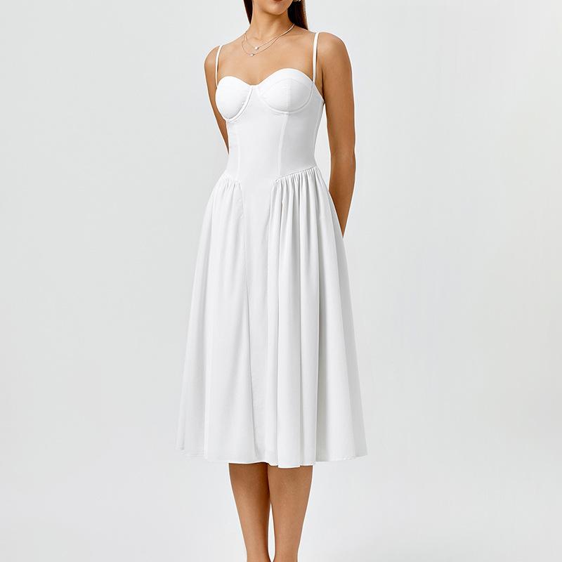 Four-sided elastic dress, European and American sexy backless pleated A word medium and long suspender dress