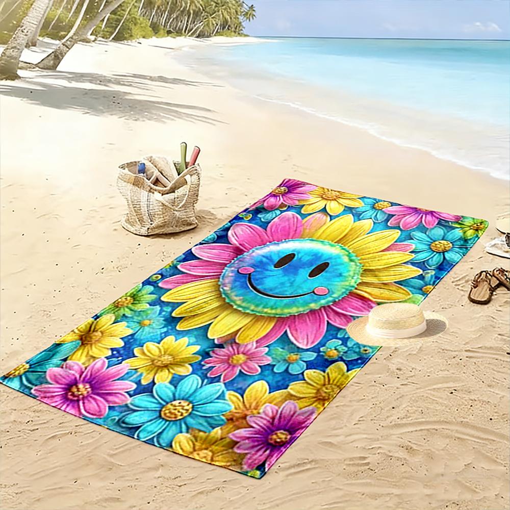 Smiley Face with Colorful Flowers Design Beach towel quick-drying for travel outdoor sports jogging beach and swimming