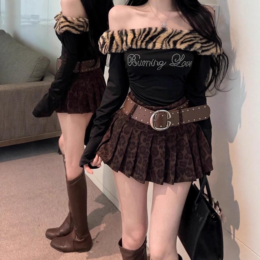 American Leopard Print Coffee Pleated Skirt: Spicy Girl Casual, Y2K Style for Autumn 2025