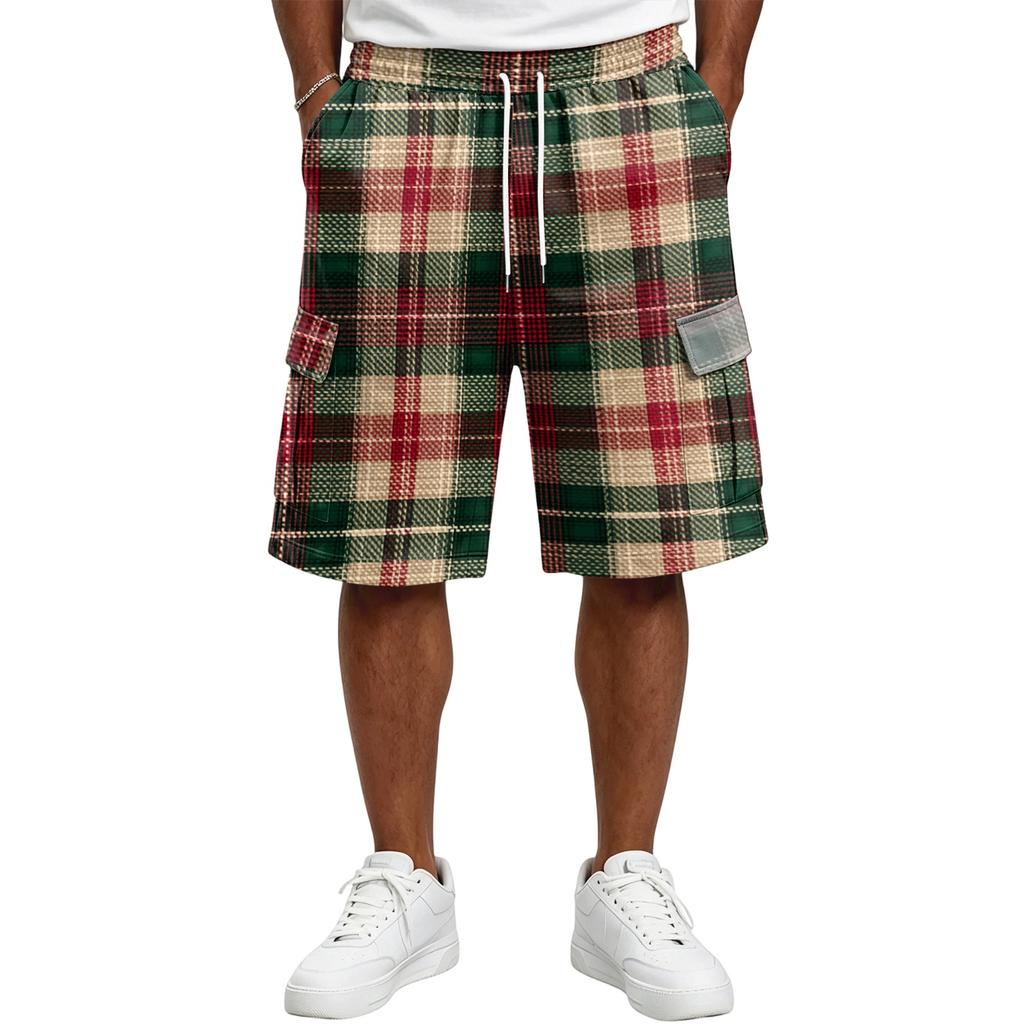 Herren Freizeit karierte Cargoshorts mit Kordelzug Lockerer Schnitt Leicht Atmungsaktiv Sommer Strandshorts mit mehreren Taschen für den Alltag