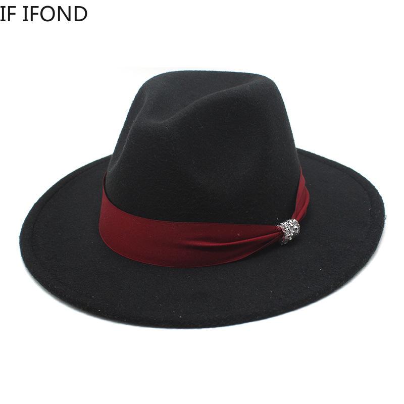 New Fashion Women Men Wide Brim Felt Jazz Fedora Hats Solid Color Party Trilby Wedding Hat Autumn Winter Hats 56-58-60CM