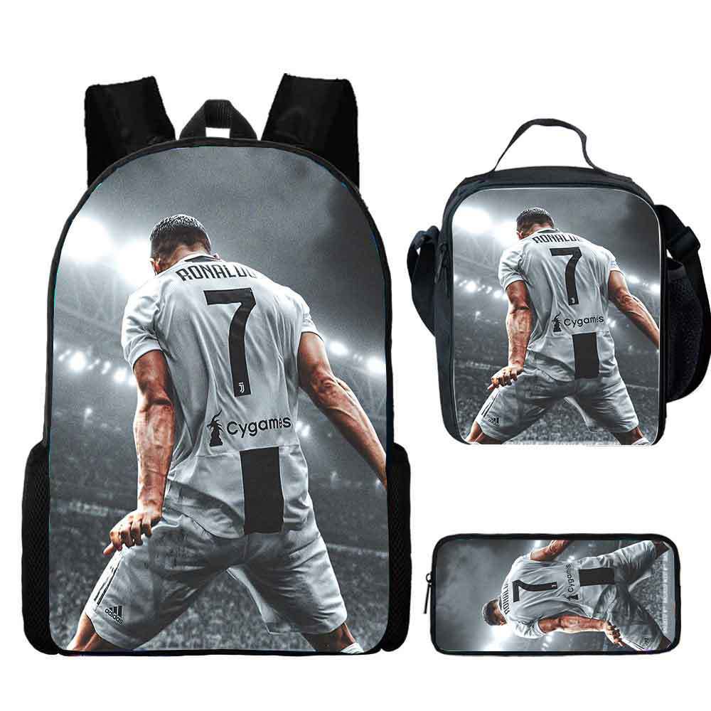 Cristiano Ronaldo Sport Backpack 3-Piece Set with Lunch Bag and Pencil Case, Middle School Student Casual Lightweight Bookbag