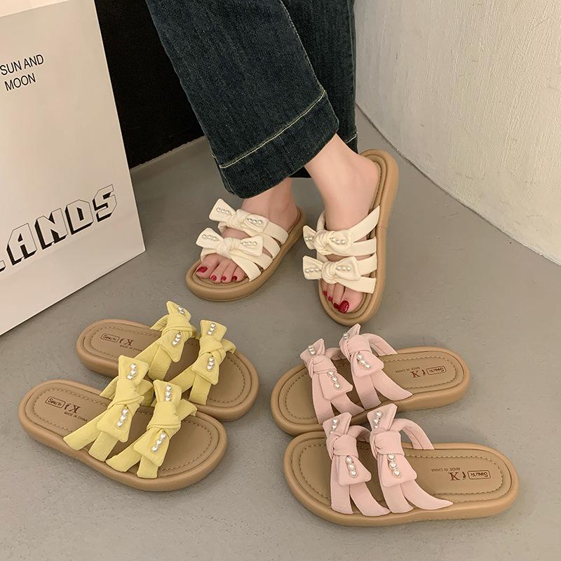 Bow one-word drag women's summer wear 2025 new with skirt flat heel not tired foot slippers