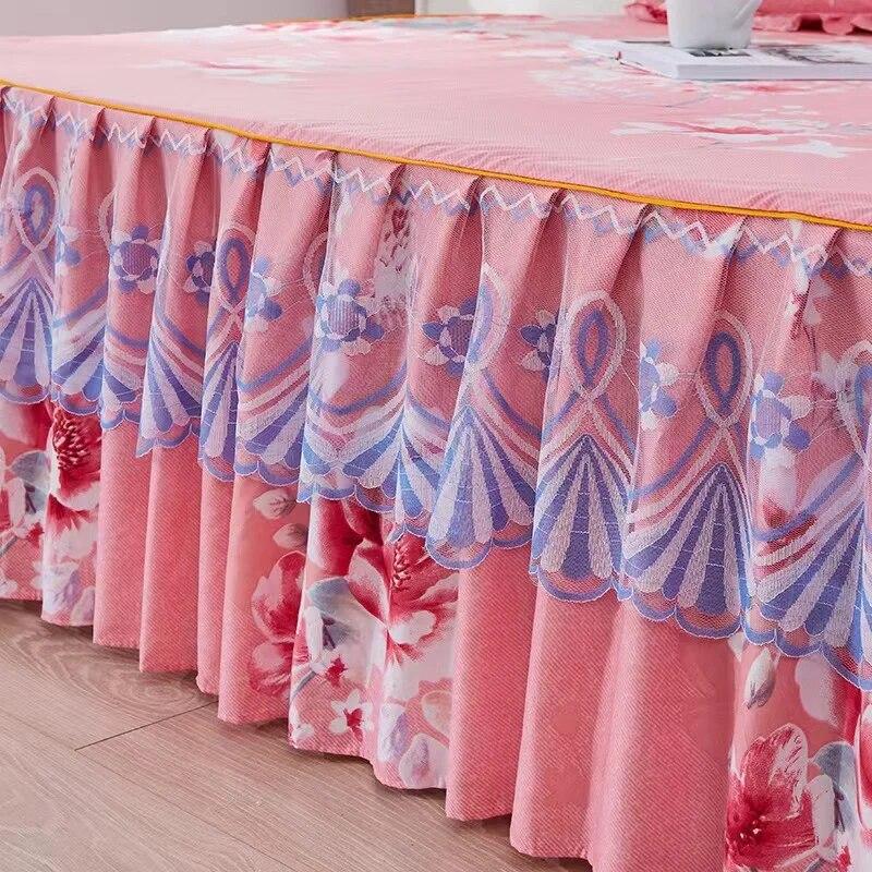 3pcs Set Skin-friendly Lace Bedspread Princess Double Layer Lace Bed Sheet Anti-slip Bed Cover with 2pcs Pillowcase